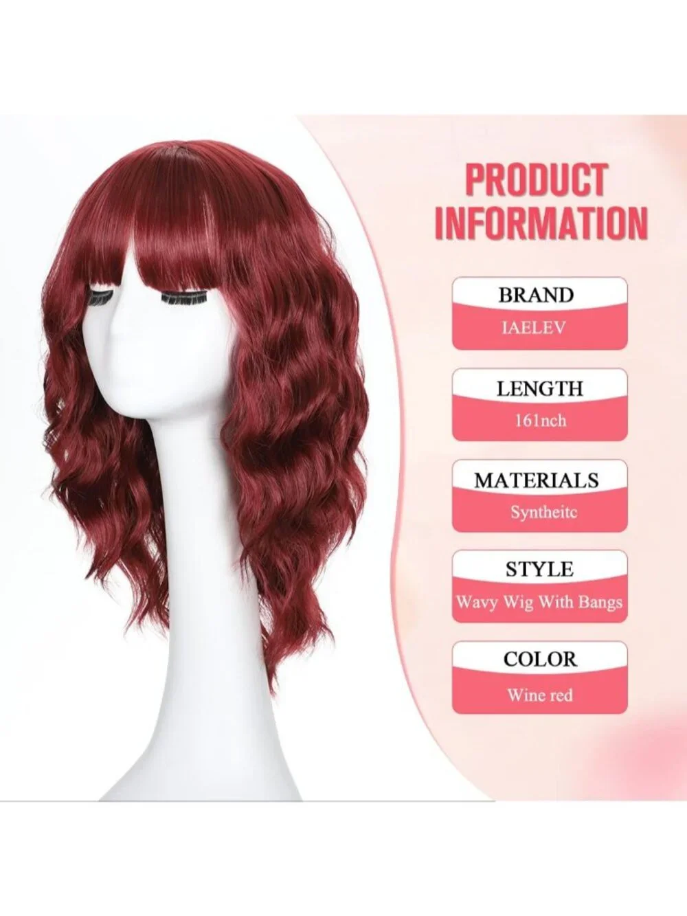 Women's Wine Red 16 Inch Wavy Wig Bangs Shoulder Length Synthetic Hair